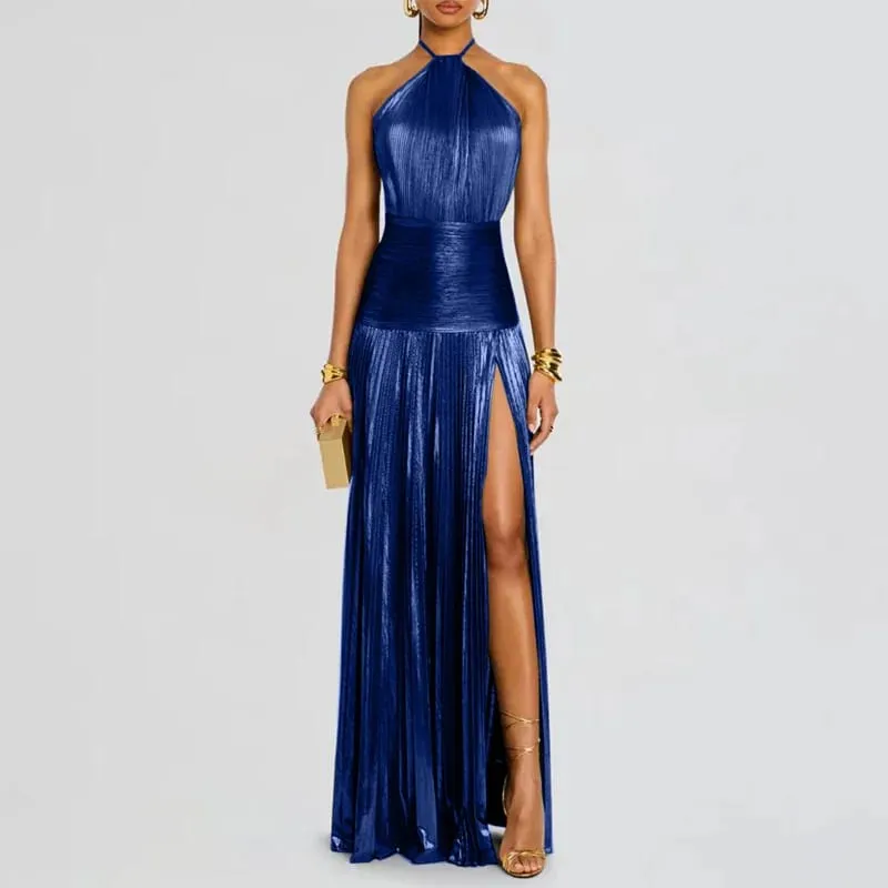 Zlaté sexy ohlávkové šaty s vysokými dělenými róbami Večerní šaty Dámské elegantní Jednobarevné duté řasené dlouhé šaty Jaro Léto Maxi šaty na zip bez zad