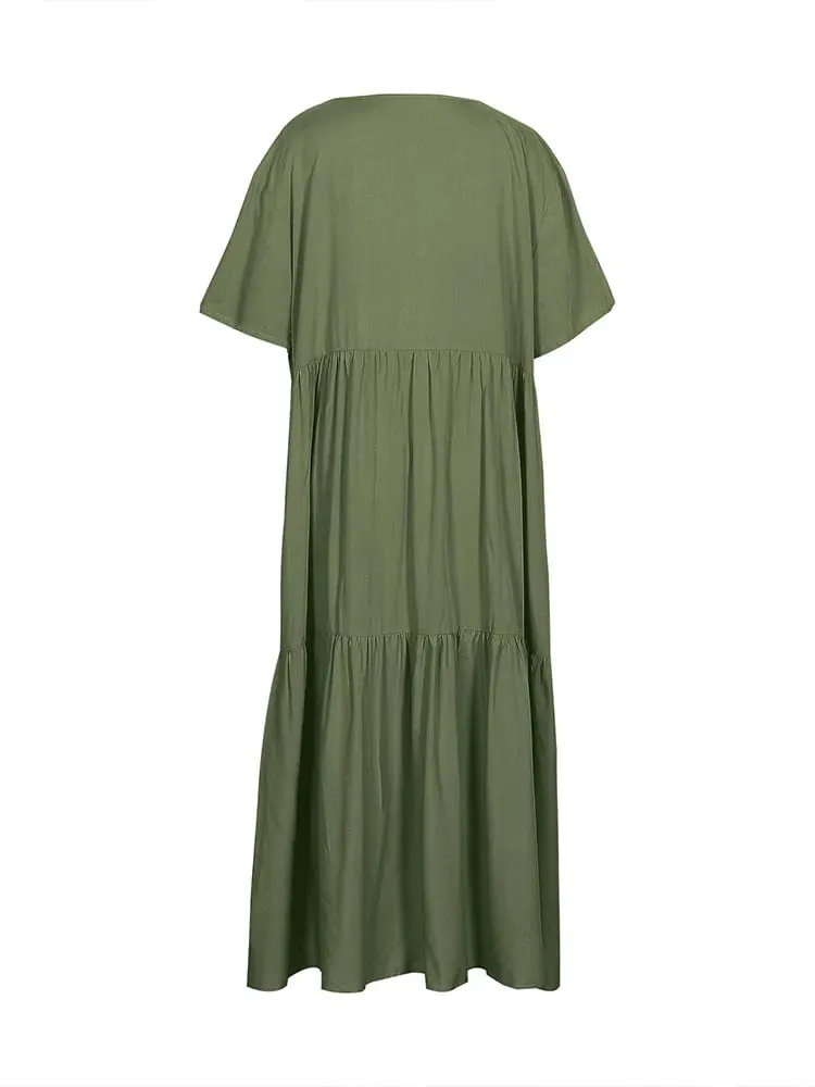plus Size Women's Casual Loose V-Neck Solid Long Dress Spring Summer Pleated Big Size Women's Dress