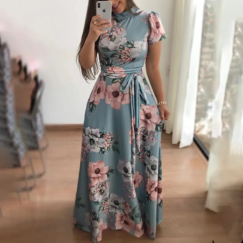 Women's Floral Print Summer Dress - 2025 New Boho A-Line Swing Dress with Short Sleeves High Waist Flowy Maxi Dress for Beach & — image 7