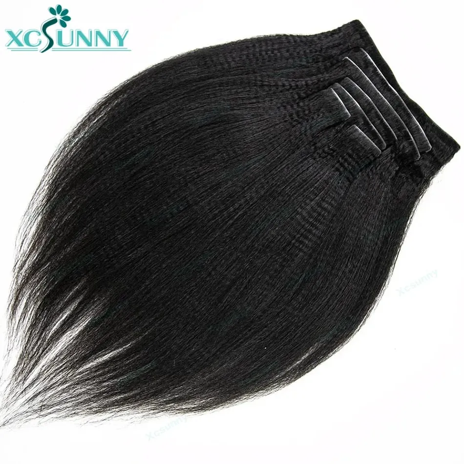Invisable Edge Clip Ins Human Hair Extensions Yaki Straight Injected PU Tape Weft Clip In Hair Extensions 7Pcs/set Clip on Hair
