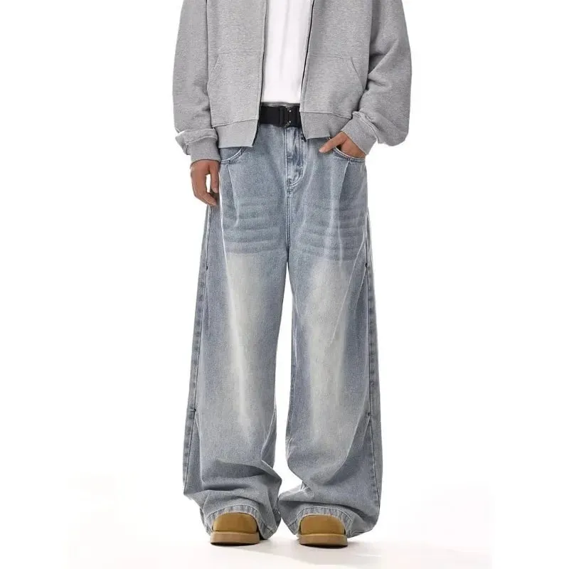 Mens Jeans Harajuku American Vintage Washed Cleanfit High Street Straight Loose Wide Leg Denim Pants Unisex Fashion Style New