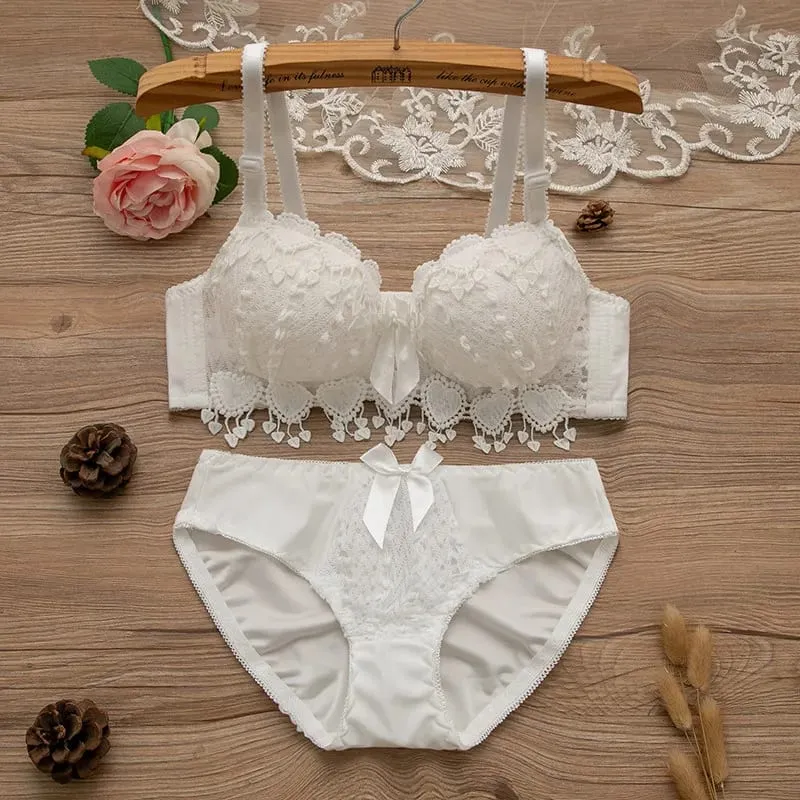 Women Wireless Lingerie Set Tassel Lace Bow Decor Push‑Up Bra & Panty Suit Adjustable Straps Ladies Intimate Underwear 32-38