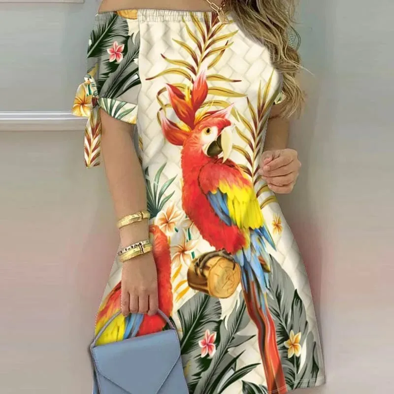 Women Off Shoulder Mini Dress Summer Sexy Short Sleeve Bow Tie Striped Floral Print Dresses Fashion Casual Loose Dress