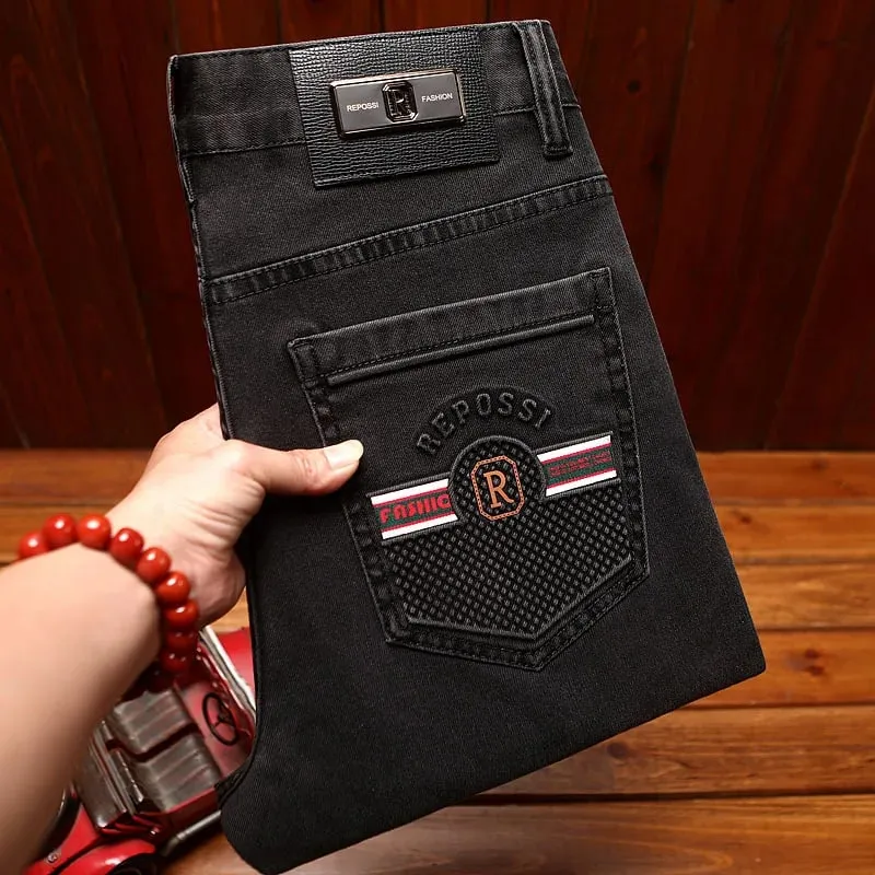 2025 new fashionable light luxury jeans for men trendy 3D printed design slim fit small feet elastic denim pants
