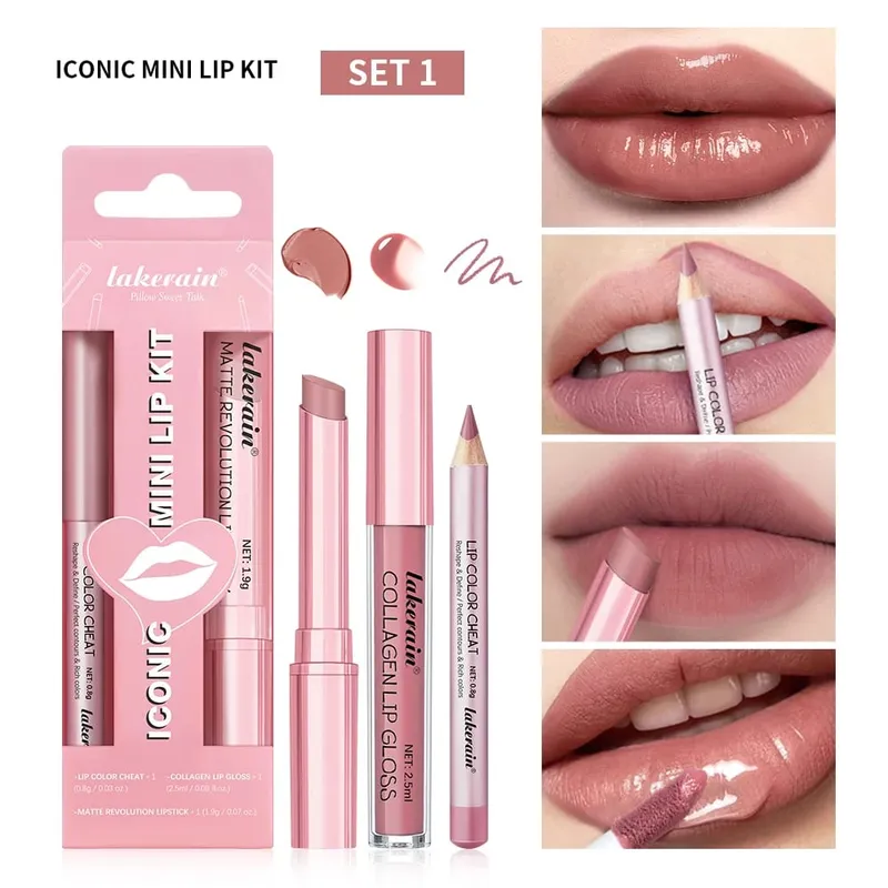 Set Lip Liner + Lipstik 5 Warna dan Pewarna Bibir Kit Bibir Matte Mudah Diwarnai Lipstik Merah Tahan Lama Set Rias Bibir