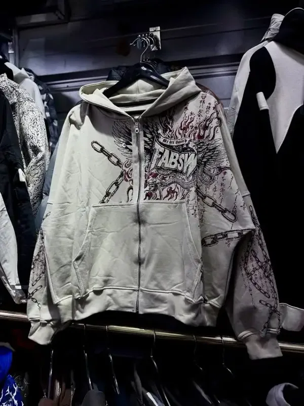 Mens Zip Up Hoodie สีน้ำเงินเข้มปีกพิมพ์กราฟิกที่ไม่ซ้ำกัน Y2K Streetwear American Urban เสื้อสวมหัวเสื้อผ้าเยาวชน Hooded Sweatshirt
