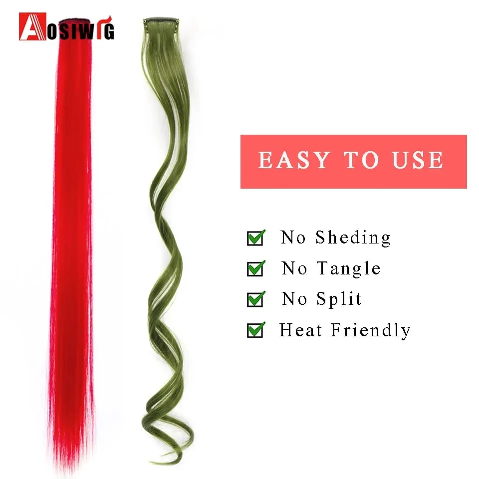 22" Synthetic Long Straight Rainbow Highlight Colored Hair Extensions Clip In One Piece Ombre Pink Purple Green Yellow For Wome