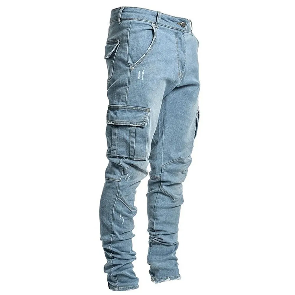 Street Elastic Jeans Men Denim Cargo Pants Wash Solid Color Multi Pockets Casual Mid Waist Trousers Slim Fit Daily Wear Joggers — image 10