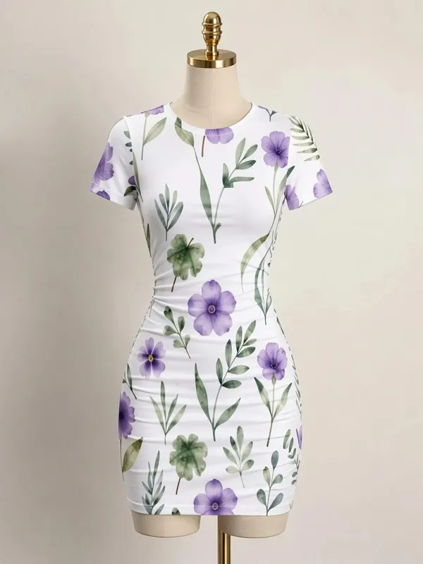 Womens Short Sleeve Bodycon Mini Dress Slim Fit Crew Neck Floral Print Casual Summer Party Cute Sweet Slimming Vacation Sundress