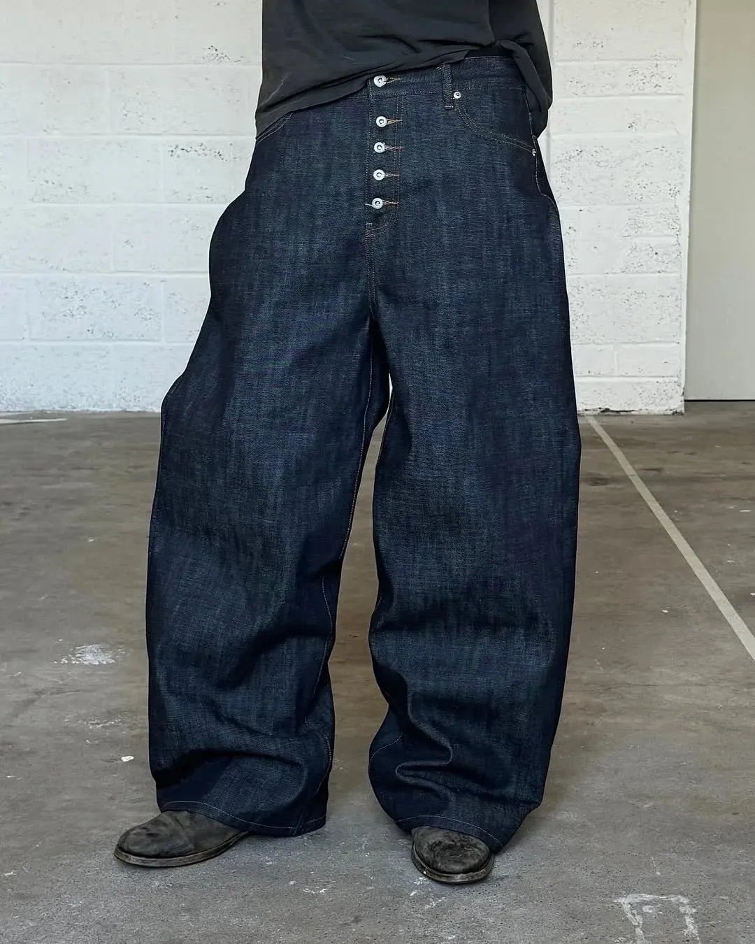 Japanese Raw Denim Loose Fit Jeans Classic Unwashed Cotton Workwear Baggy Trousers for Men