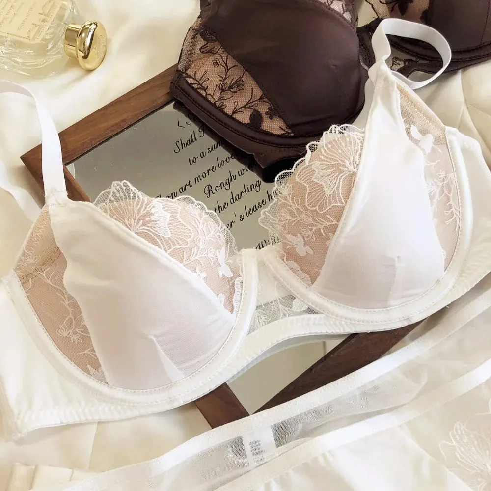 French Retro Color Block Lace Bra Set Soft Underwire Minimizer Thin Cup Lift Support Lingerie Set Women Size 34-40ABC