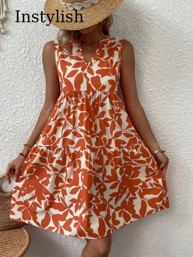 Dámské Boho potisk minišaty léto elegantní bez rukávů s výstřihem do V volán do tílka ležérní volné oversize plážové šaty na párty — image 4
