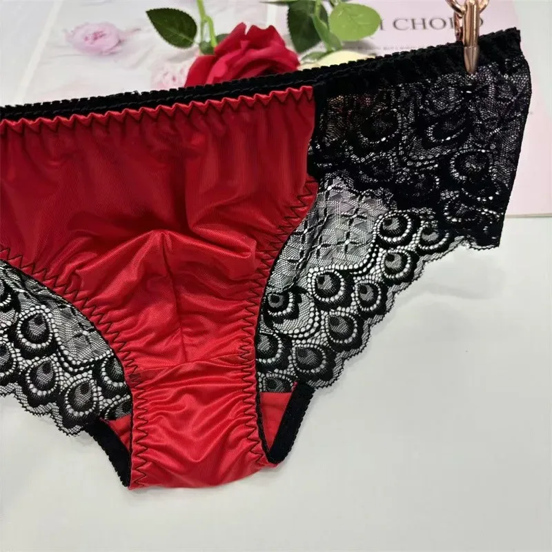 Sexy men underwear elasticity smooth underpants Transparent, breathable, Red lace Men's Briefs