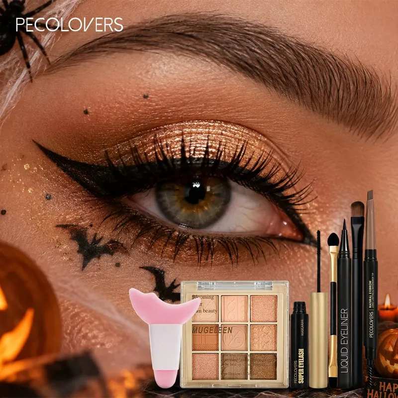 7PCS Eye Set Eyeshadow Palette + Eyeliner + Mascara + Double-ended Eyebrow Pencil Matching Makeup Tools Eye Highlighter
