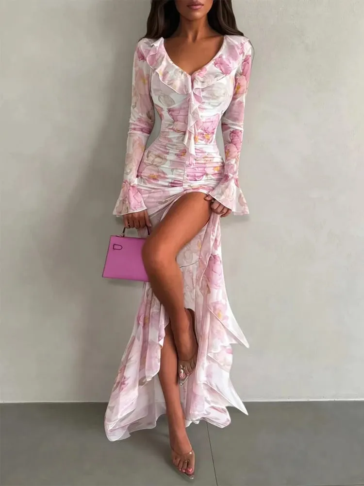 Organza Floral Printed Maxi Dress Fashion V-neck Puff Sleeve 2026 Spring/summer Romantic Women Party Gown Elegant Lady Vestidos