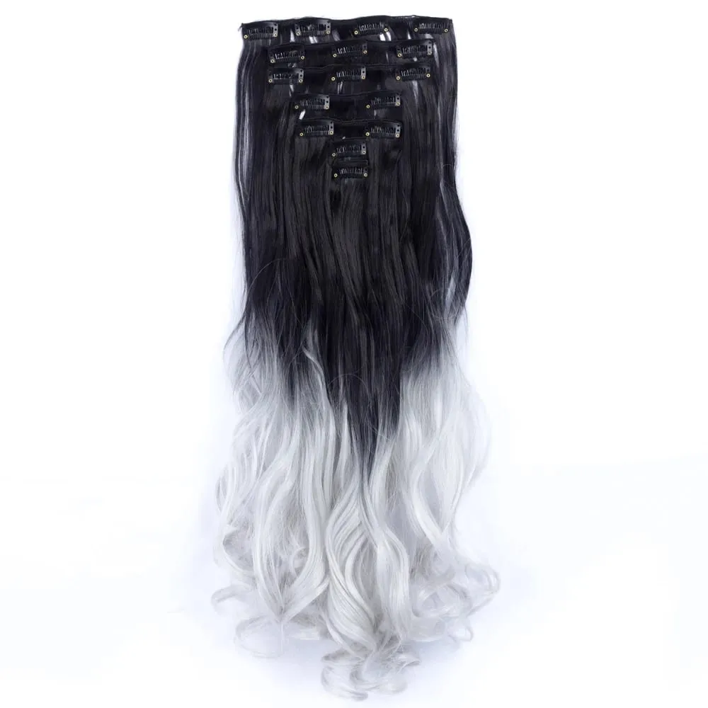 Clip in Long Wavy Synthetic Hair Extension 22 Inch Black 7PCS Thick Hairpieces Fiber Double Weft Hair for Women