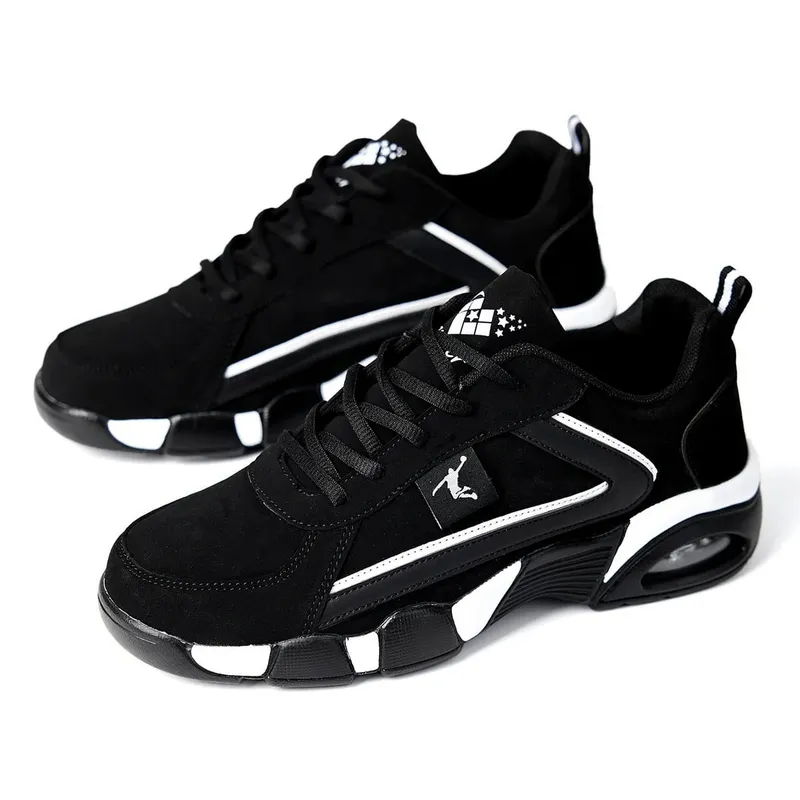 Men's Air Cushion Casual Sports Shoes Breathable mesh & PU upper geometric pattern design lace-up closure black and wh