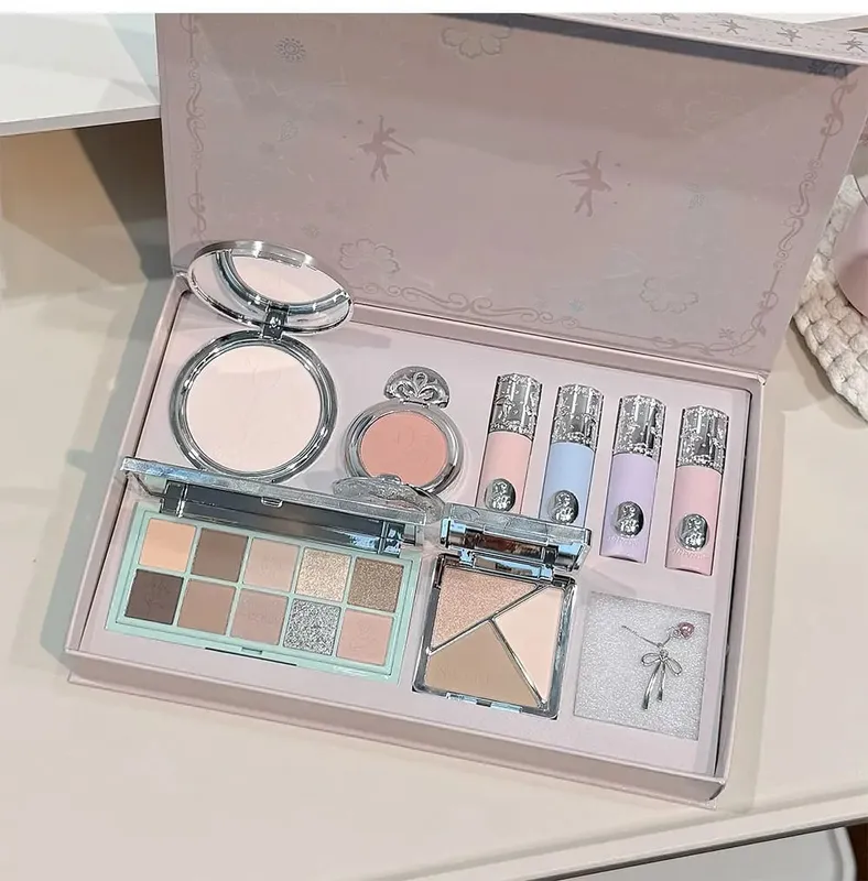 Makeup Kit Include 4 Matte Lipgloss 1 Face Blusher 1 Pressed Powder 1 Eyesshadow Palette 1 Contour Palette With Necklace