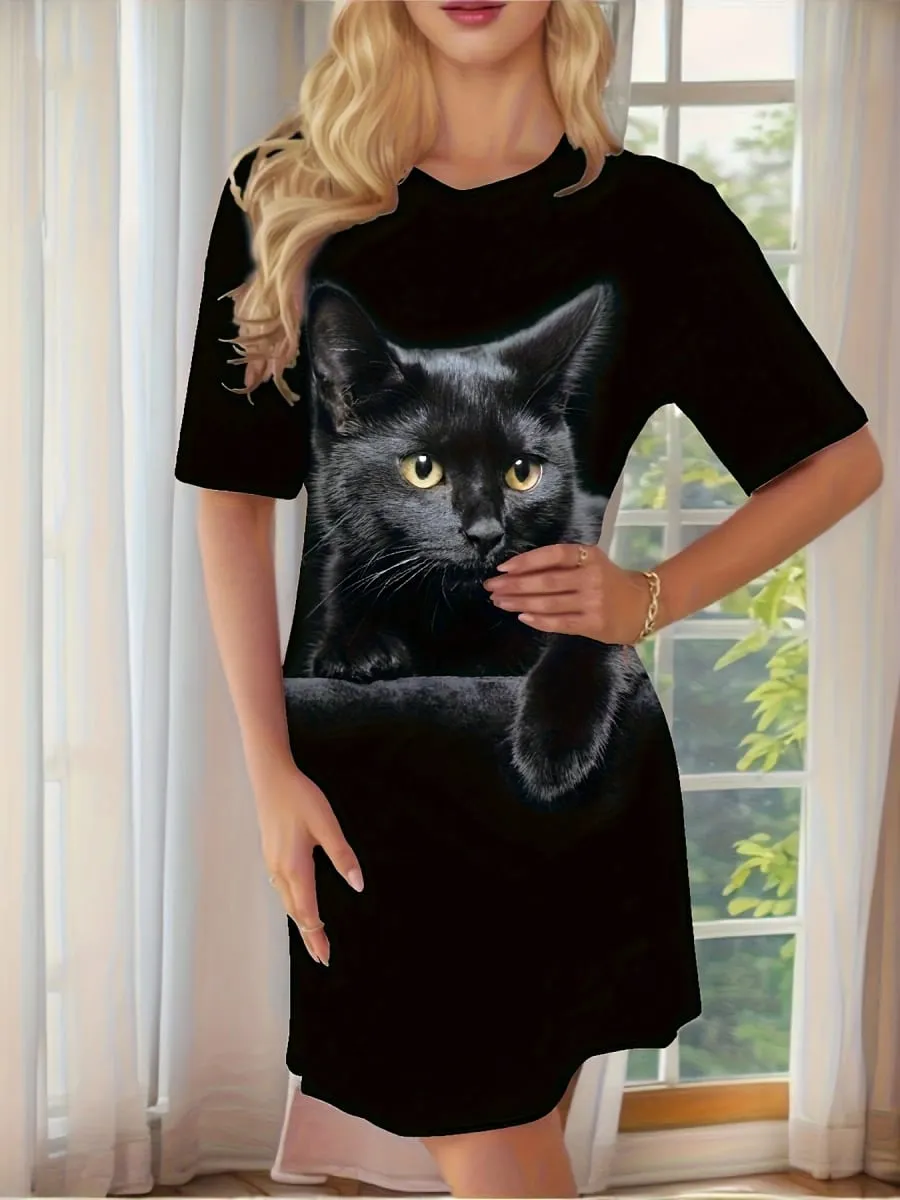 Women'S Elegant Print Dresses Soft Short Sleeve Round Neck Dress with Tabby Face Paw Cute Cat Print Design Y2k Ladies Clothes — image 3