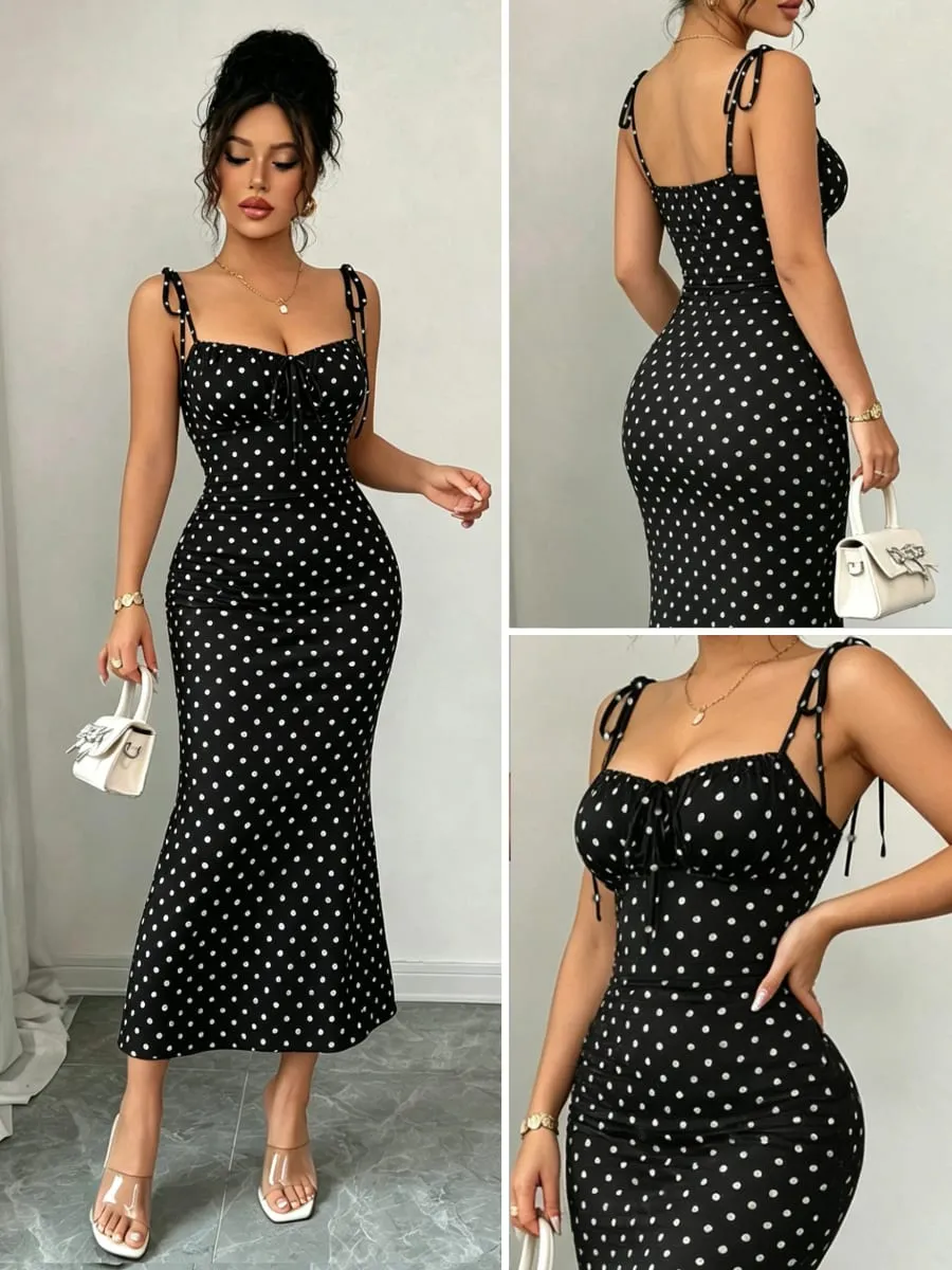 Black and White Polka Dot Bow Mid-Length Dress Pleated Tight-Fitting Fishtail Dress Vintage Slim-Fit Fishtail Party Long Dress