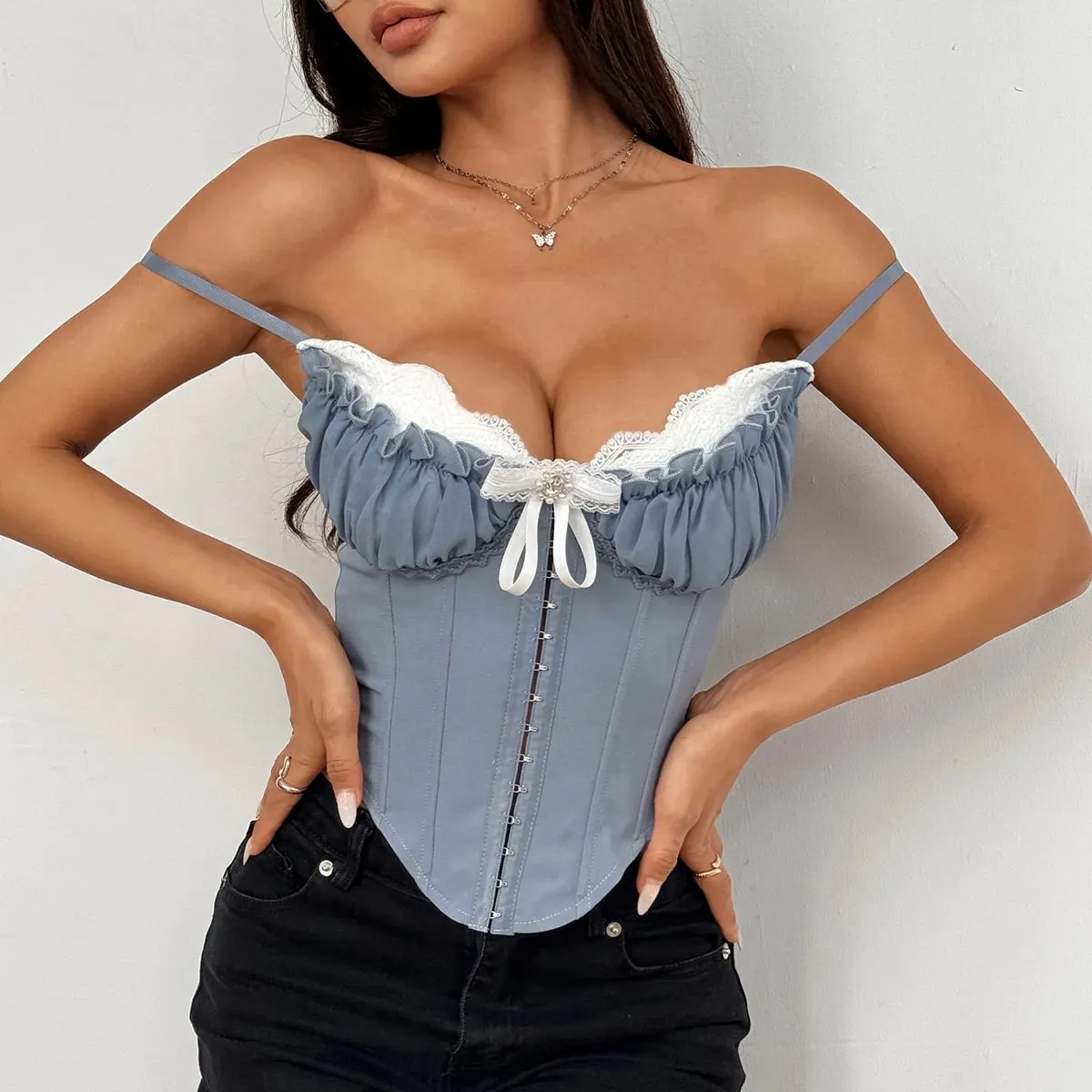 Sexy scollo a V Y2K Crop Top in pizzo patchwork pieghettato Bowknot corsetto Top sexy backless sottile canotta forma del corpo a lisca di pesce Bustier