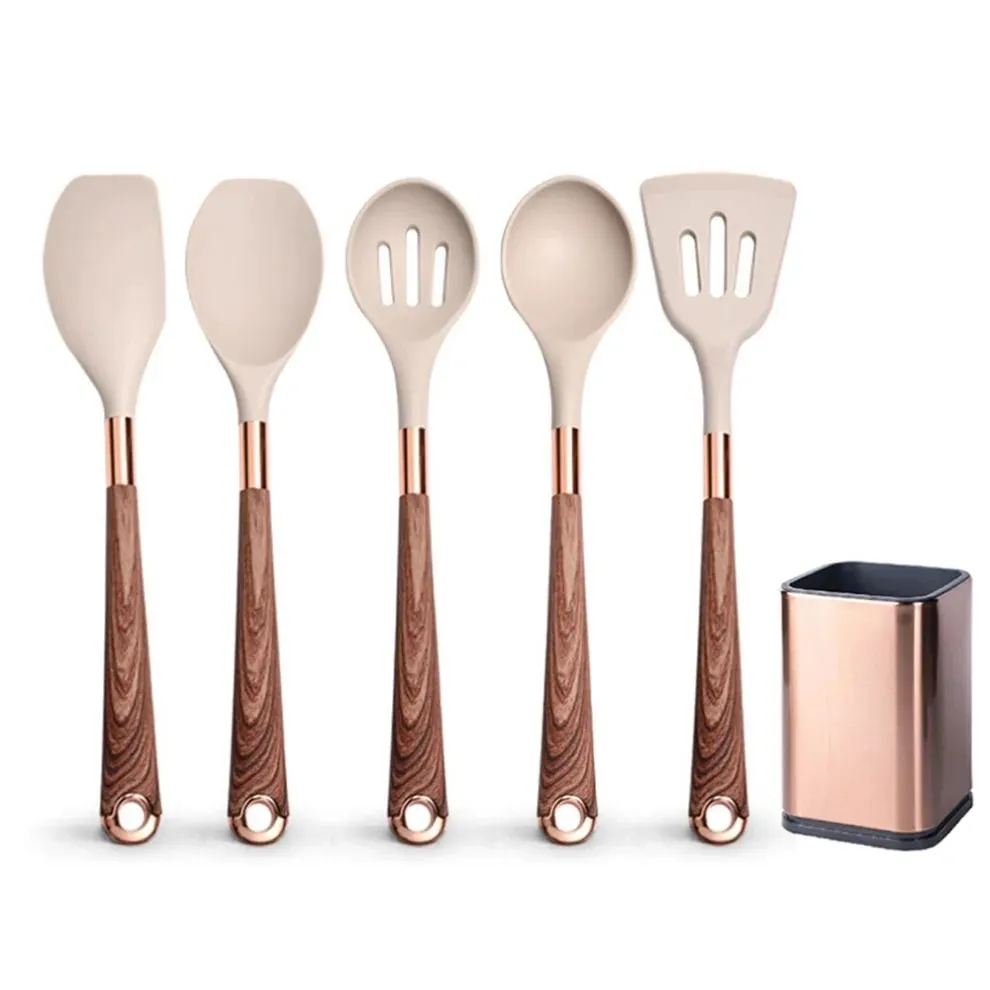 Silicone Cooking Utensils Set Non-Scratch Non-Stick Heat Resistant Spatula Spoon Rose Gold Handle With Bucket Kitchen Gift — image 14