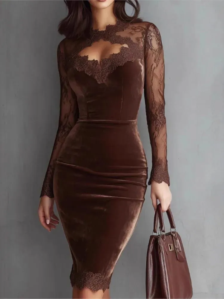 New Sexy Lace See-through Long-sleeved Dress Spring Summer Elegant V-neck Lace Patchwork Waist-covering Hip Dress Robe Femme