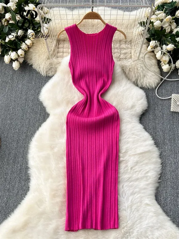Women Sheath Long Dress O Neck Sleeveless Solid Pleated Knit Elastic Fashion Elegant Stiped Retro Sexy Bodycon Dress — image 7