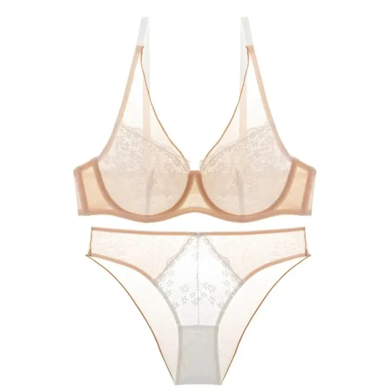 French Vintage Mesh Lace Flower Bra Set Lingerie Brassiere Mesh Bra Panties Kit Thin Underwear Push Up Bra Women Girl