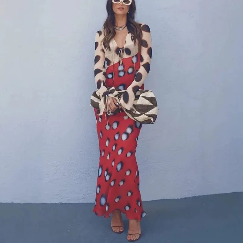 2026 Women Chic Vacation Outfits Fashion Leopard Print Sheer Chiffon Shirt Casual Turn-down Collar Mini Dress & Detachable Scarf