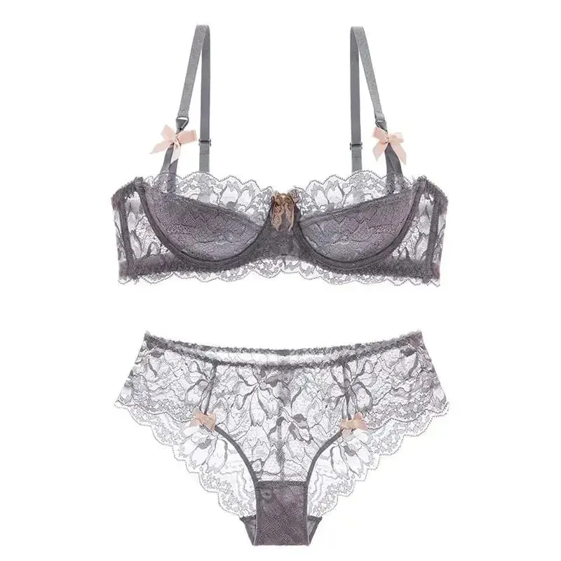 Rabbit Ear AB Cup Pure Desire Girl Bra Set | Pull-up Bra with Bow | Breathable French lace Bra | Anti-slip Cup Date Night — image 1