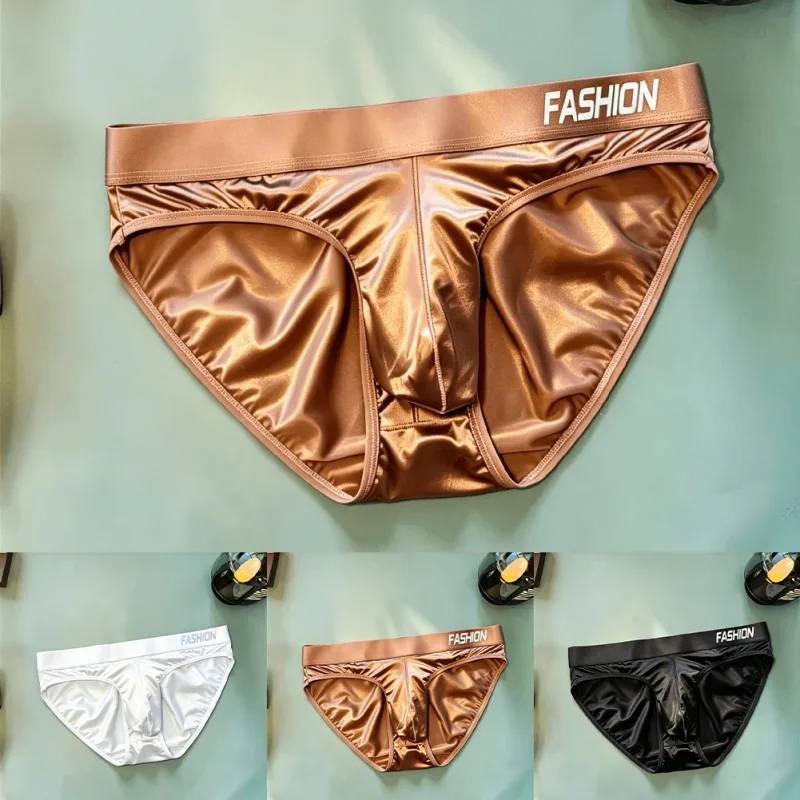Men Glossy Satin-like Smooth Brief Ice-Silk Hip Wrap LargePouch Satin Silky Briefs Low Waist Gradient Letter Glossy Underwear