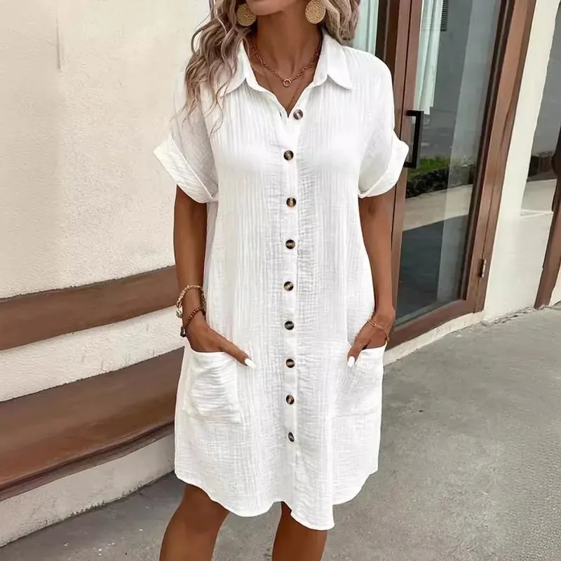 Sexy Button Loose Blouse Dress Summer Female Turn Down Collar Breasted Button Short Sleeve Pocket Beachwear Dresses SZE-ST24056 — image 3