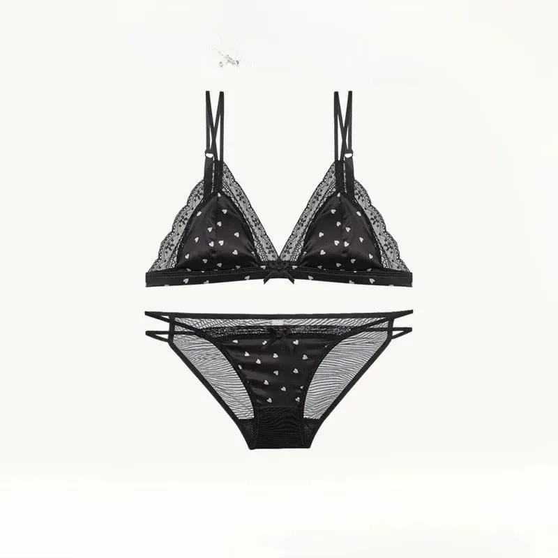 French Style Triangle Cup Satin Lace Lingerie Set Wireless Small Bust Gathered Thin Soft Fabric Sexy Daily Underwear S-XL Suit — image 4
