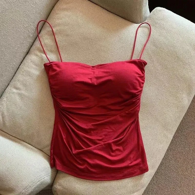 Sexy Solid Pleated Tank Camisole Women's Summer Spaghetti Strap Sleeveless Tops