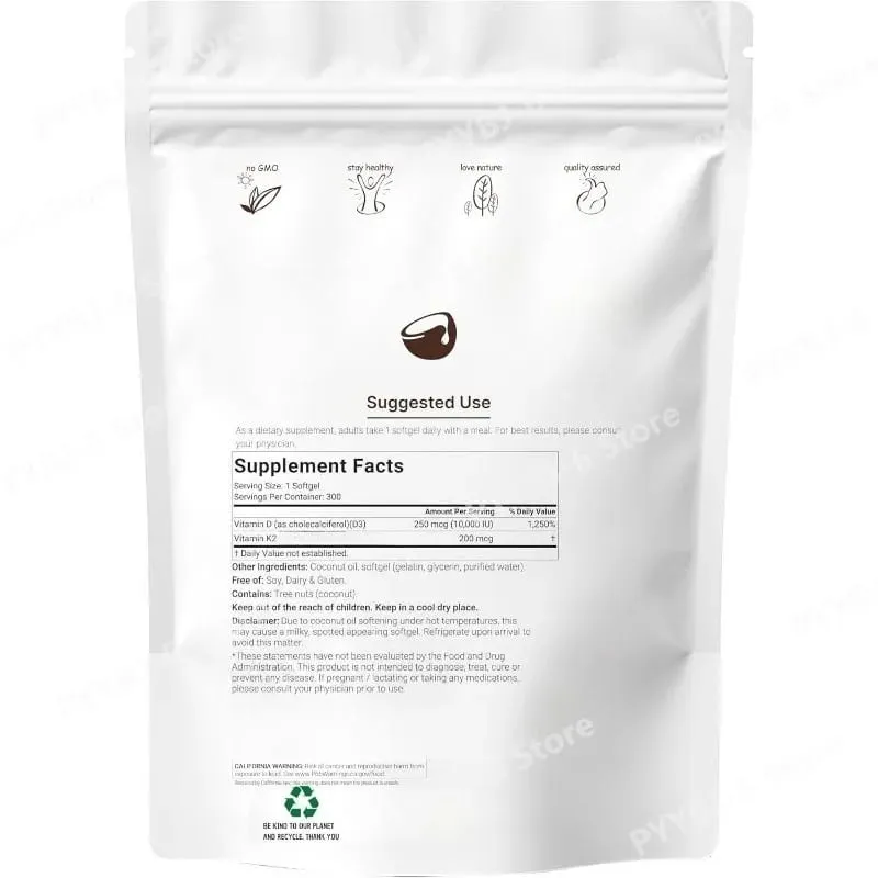 Vitamin D3 & K2 Supplement 10 000 IU Supports Overall Health & Bone Health Non-GMO Gluten Free 300 Softgels for Adult