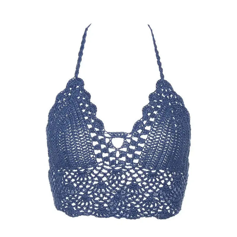 New Sexy Bikini Crop Top Crochet Boho Beach Camisoles Bikini Bralette Halter Cami Knitted Bra Women Backless Beachwear Tank Top