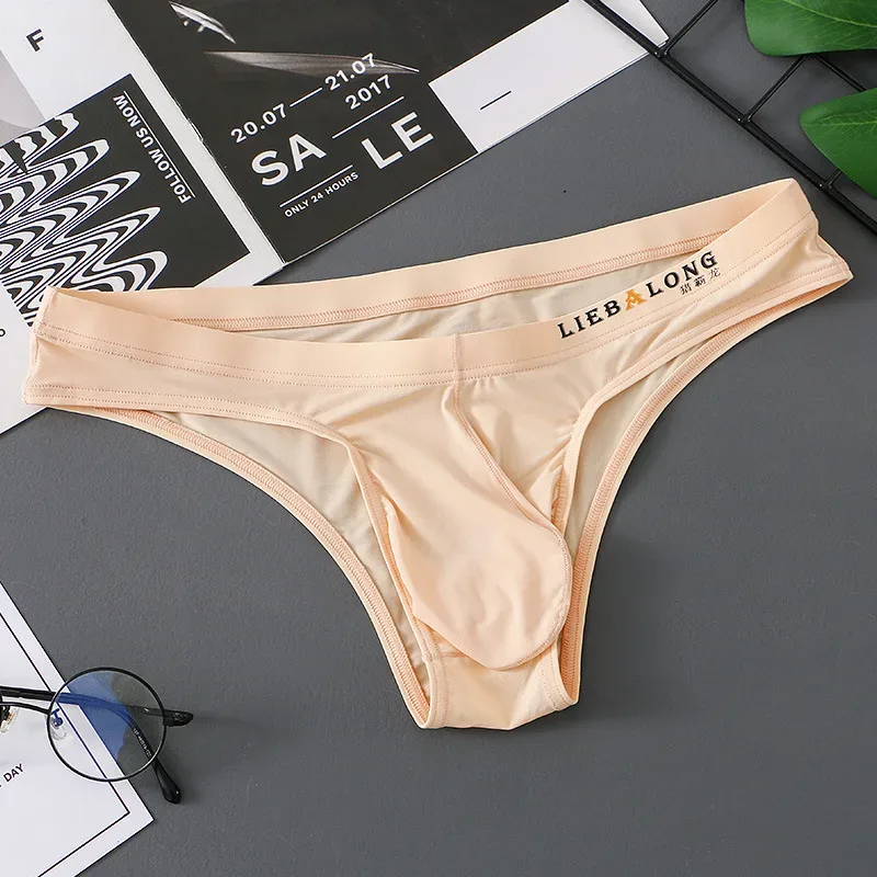 Slip homme Bikini sous-vêtements Sexy homme soie glacée pochette pénis Slip Cuecas Calzoncillos Hombre Slip Gay Lingerie solide homme