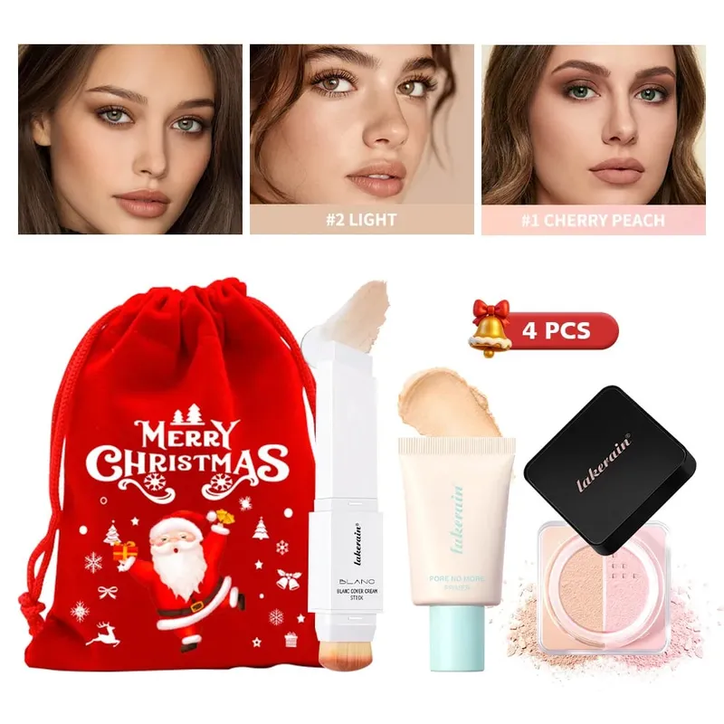 4Pcs Face Makeup Set Foundation Stick Pore No More Primer Loose Setting Powder Long Lasting Matte Beginner Makeup Christmas Gift