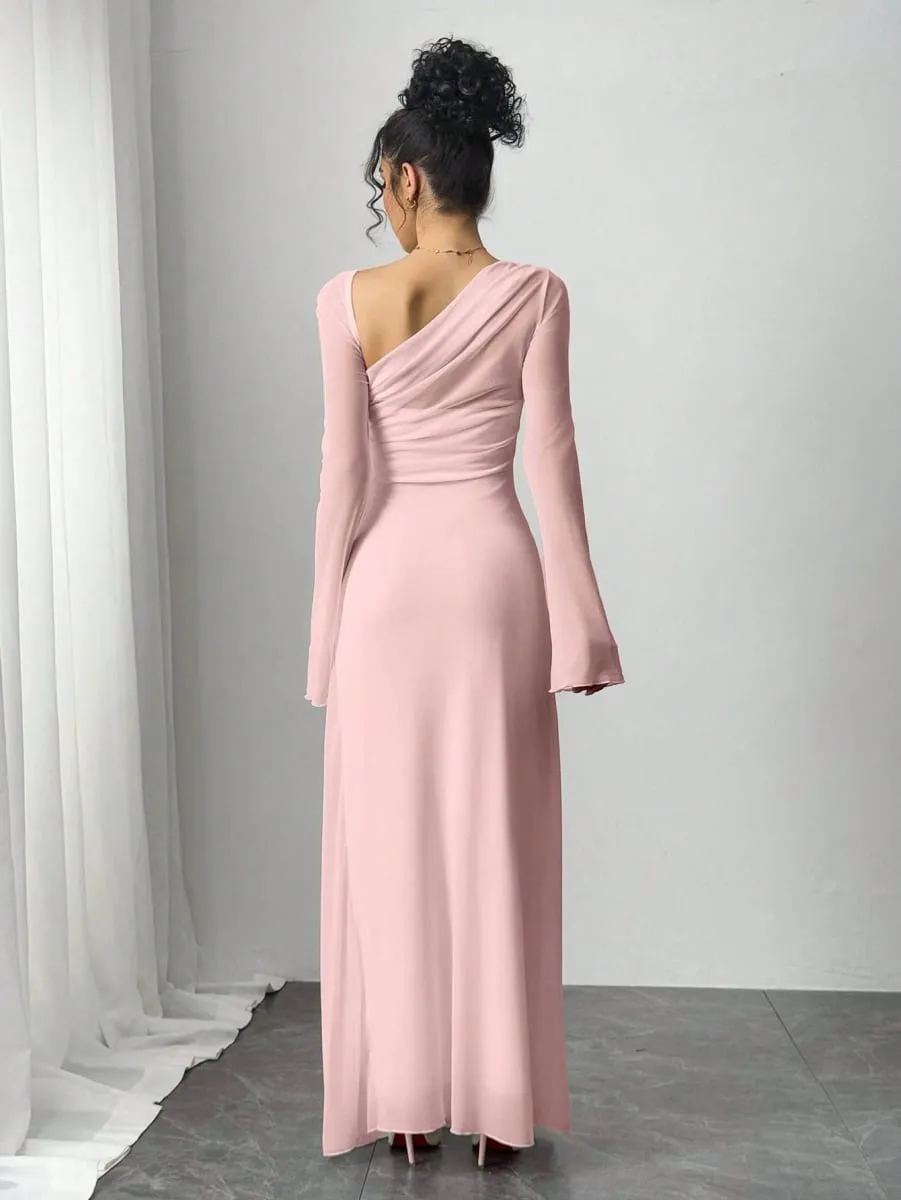New spring/summer women's pink tulle explosion slim irregular diagonal shoulder ultra long dress