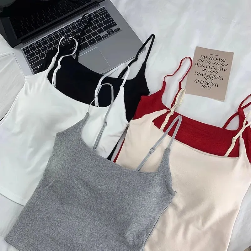 2026 Women With Built In Bra Spaghetti Strap Tanks Summer Camis Tank Casual Tops For Woman Solid Color Female Korean Style