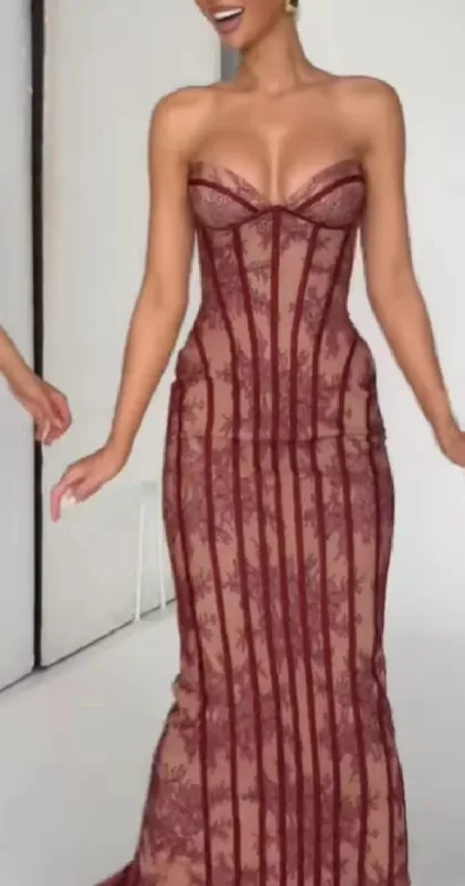 Elegant Chic Gauze Fishbone Party Gown Off-shoulder Strapless Maxi Dress Women Lace Shaping Waist Vestidos 2026 Evening Dresses