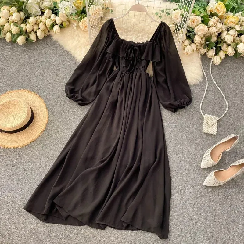 Chic Elegant Square Collar Maxi Dress Women Solid Chiffon Puff Sleeve Dresses 2026 Beach Party Robe Vintage Ruffle Vestidos Y2k