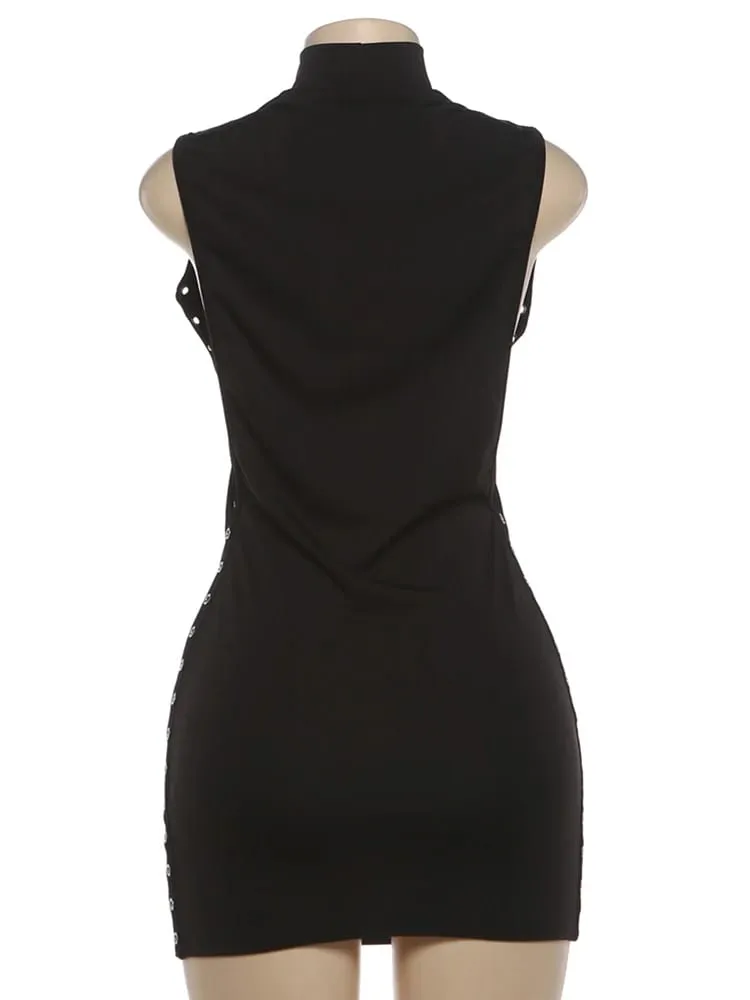 Nibber Pfirsich-Hüft-Minikleid für Damen, O-Ausschnitt, ärmellos, seitliches Hohldesign, Metallringe, Dekoration, dünn, Mitternacht, Club-Party, figurbetont