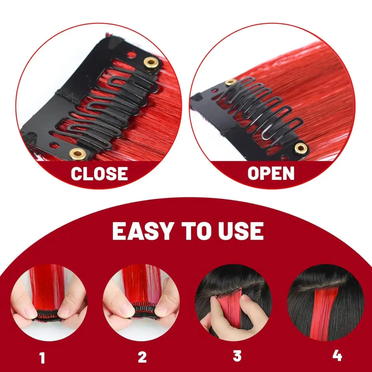 Synthetic 10 PC Hair Extensions Red and Blue Clip in SOlldag Colored Party Highlights Straight Hairpiece for Kids Girls Women