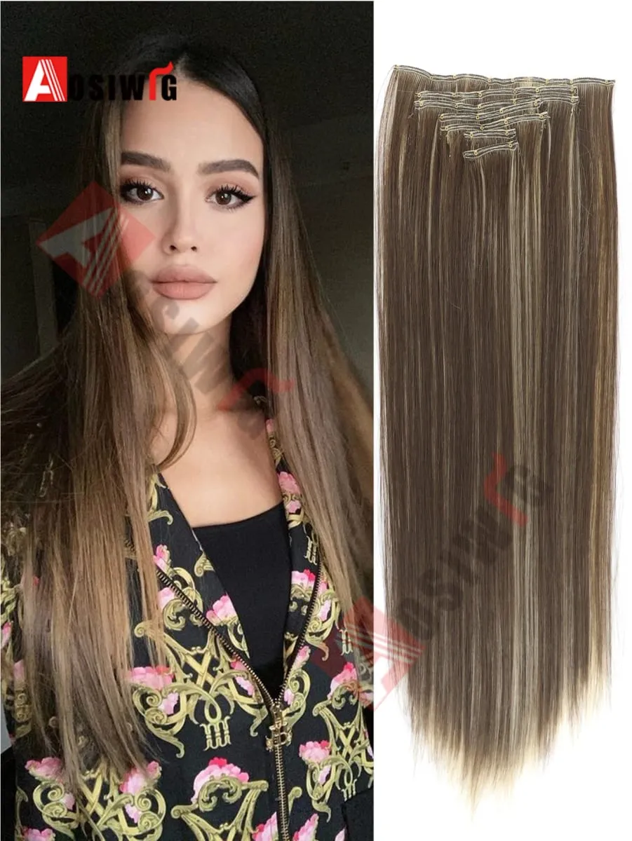 18-32Inch 16 Clips in Hair Extensions Long Straight Hairstyle Synthetic Blonde Black Hairpieces Heat Resistant False Hair Daily