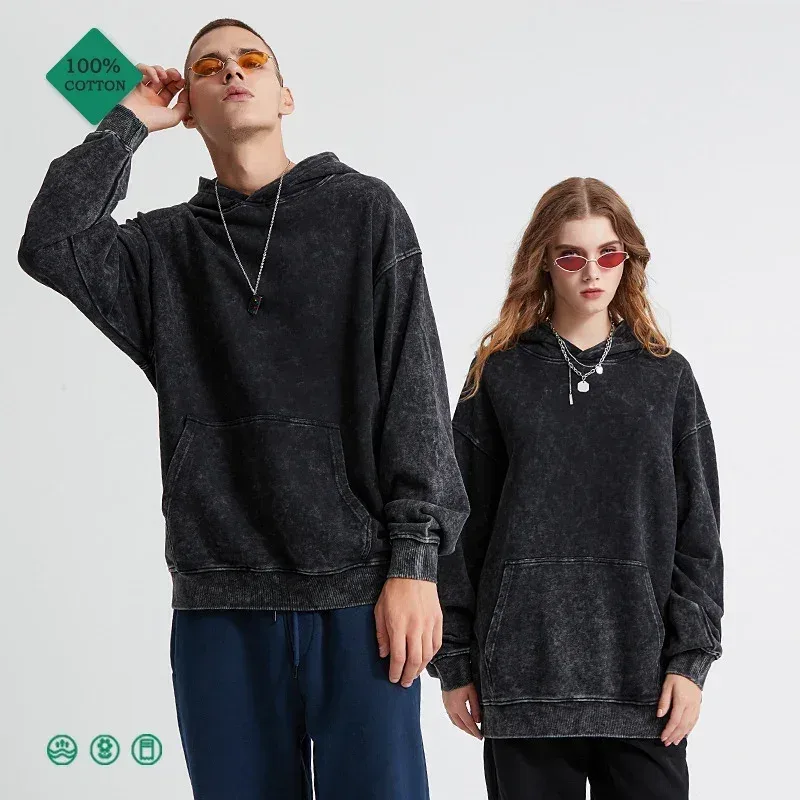 HAI Customizable Retro Washed Hoodies 100% Cotton Tops Black Acid Vintage Hooded Sweatshirts Oversize Hip Hop Male Pullover