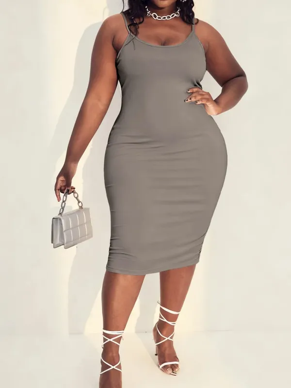 Plain Solid Low Scoop Neck Mid-Length Silhouette Wide Color Range Plus Size Knit Spaghetti Strap Maxi Dress Skin Friendly Comfort Modern Fashion Casual All Season Daily Wear Sleeveless Dress For Curvy Females