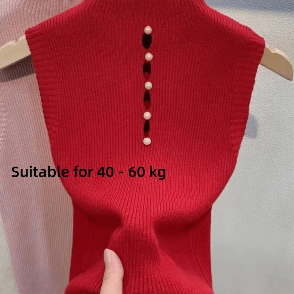Elegant Solid Color Knitted Vest Sleeveless Slimming Tees T-Shirt Half-turtleneck Tank Top Women