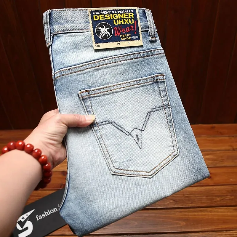 Fashionable printed jeans for men retro blue elastic slim fit small feet street fashion high-end denim casual pants